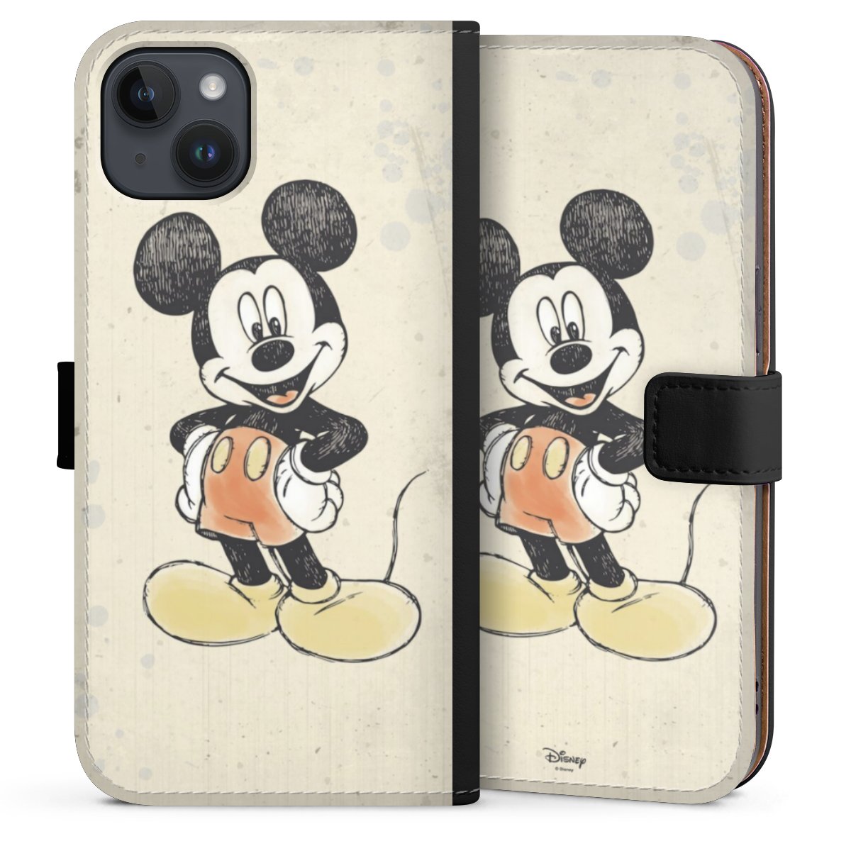 iPhone 14 Plus Handy Klapphülle Handyhülle aus Kunst Leder schwarz Flip Case Water Colour Mickey & Minnie Mouse Official Licensed Product Sideflip mit Lasche