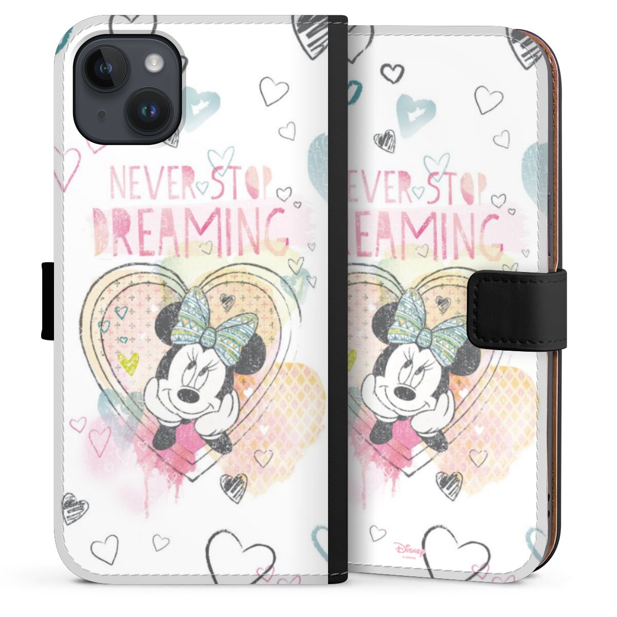 iPhone 14 Plus Handy Klapphülle Handyhülle aus Kunst Leder schwarz Flip Case Disney Official Licensed Product Minnie Mouse Sideflip mit Lasche