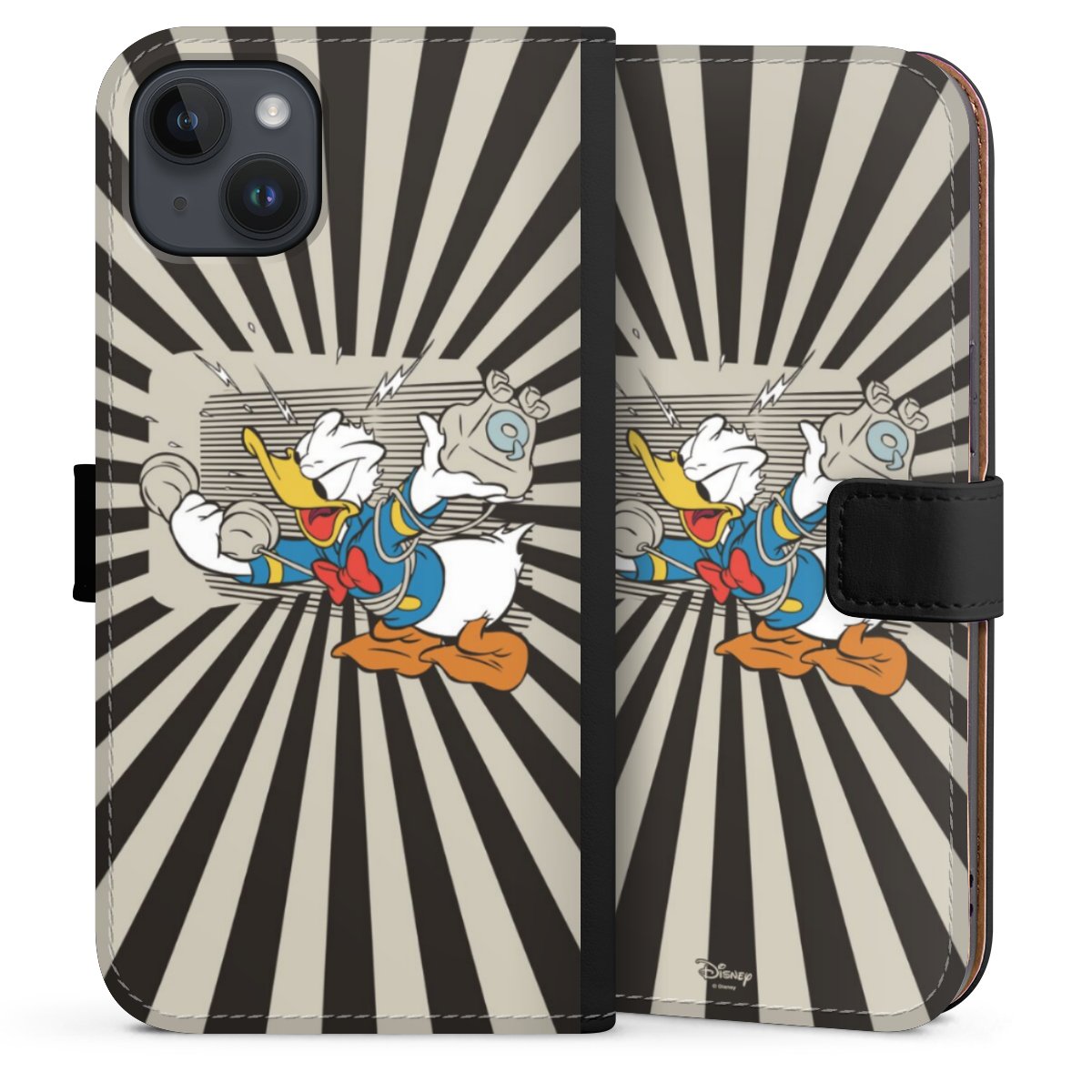 iPhone 14 Plus Handy Klapphülle Handyhülle aus Kunst Leder schwarz Flip Case Donald Duck Disney Official Licensed Product Sideflip mit Lasche