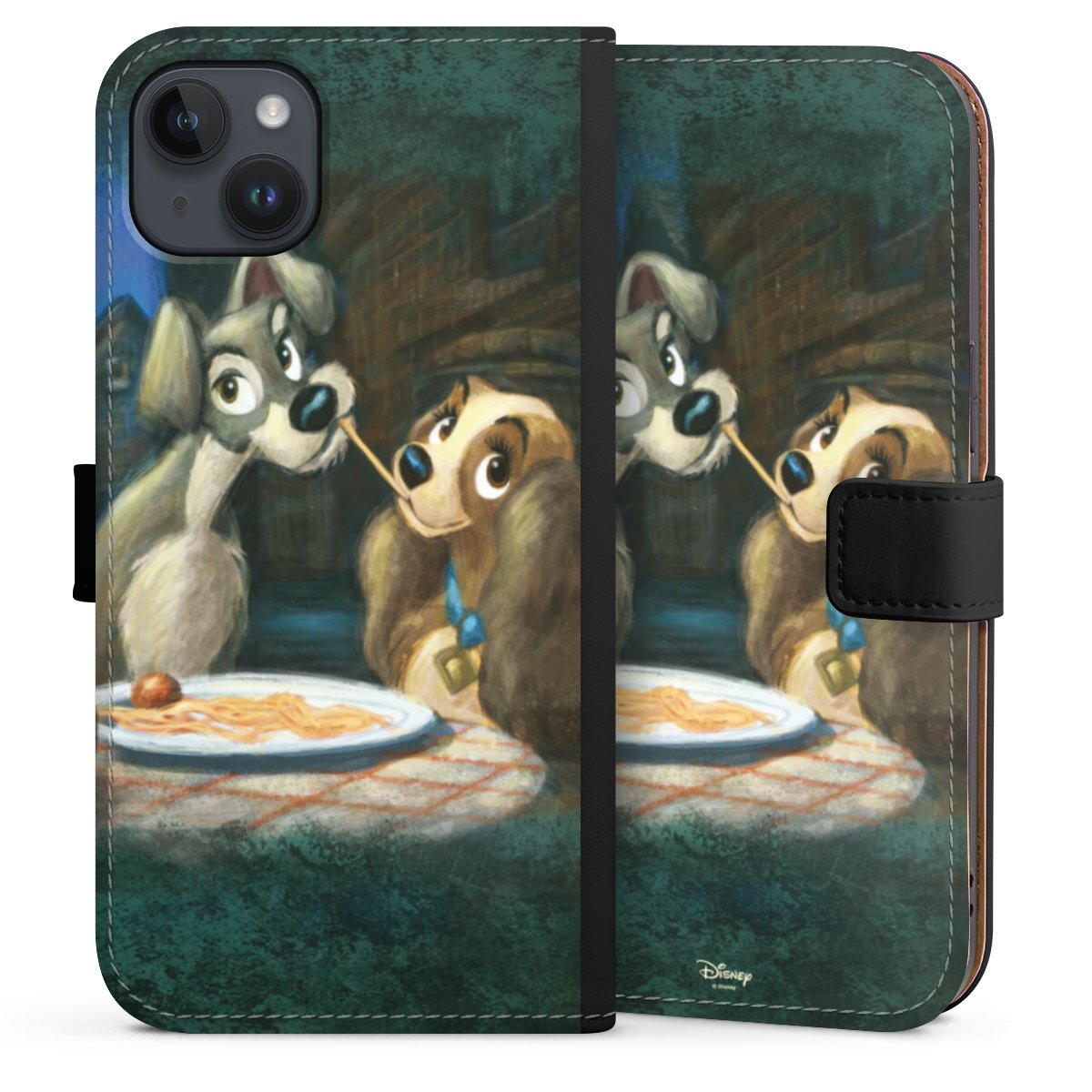 iPhone 14 Plus Handy Klapphülle Handyhülle aus Kunst Leder schwarz Flip Case Lady And The Tramp Official Licensed Product Disney Sideflip mit Lasche