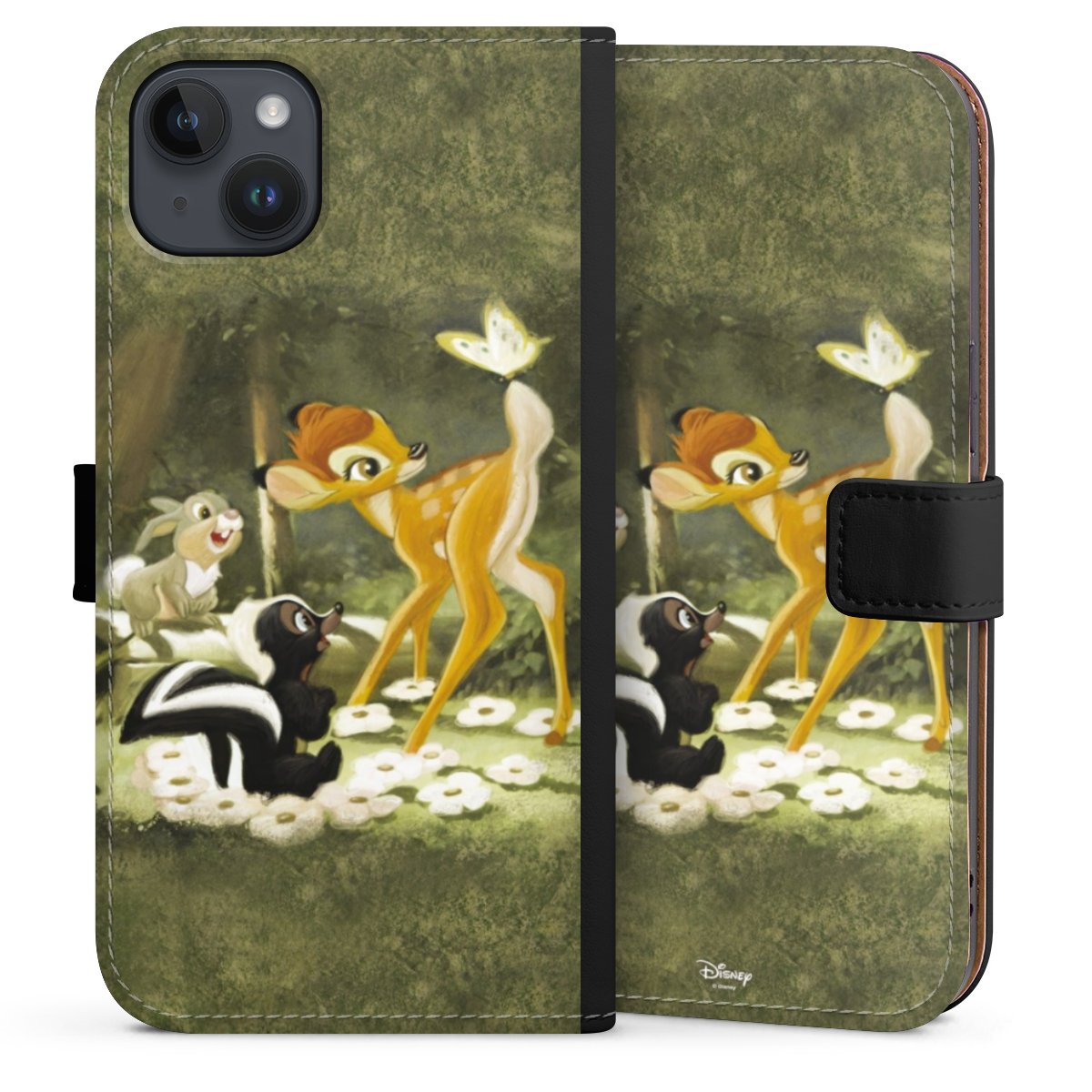 iPhone 14 Plus Handy Klapphülle Handyhülle aus Kunst Leder schwarz Flip Case Disney Official Licensed Product Bambi Sideflip mit Lasche