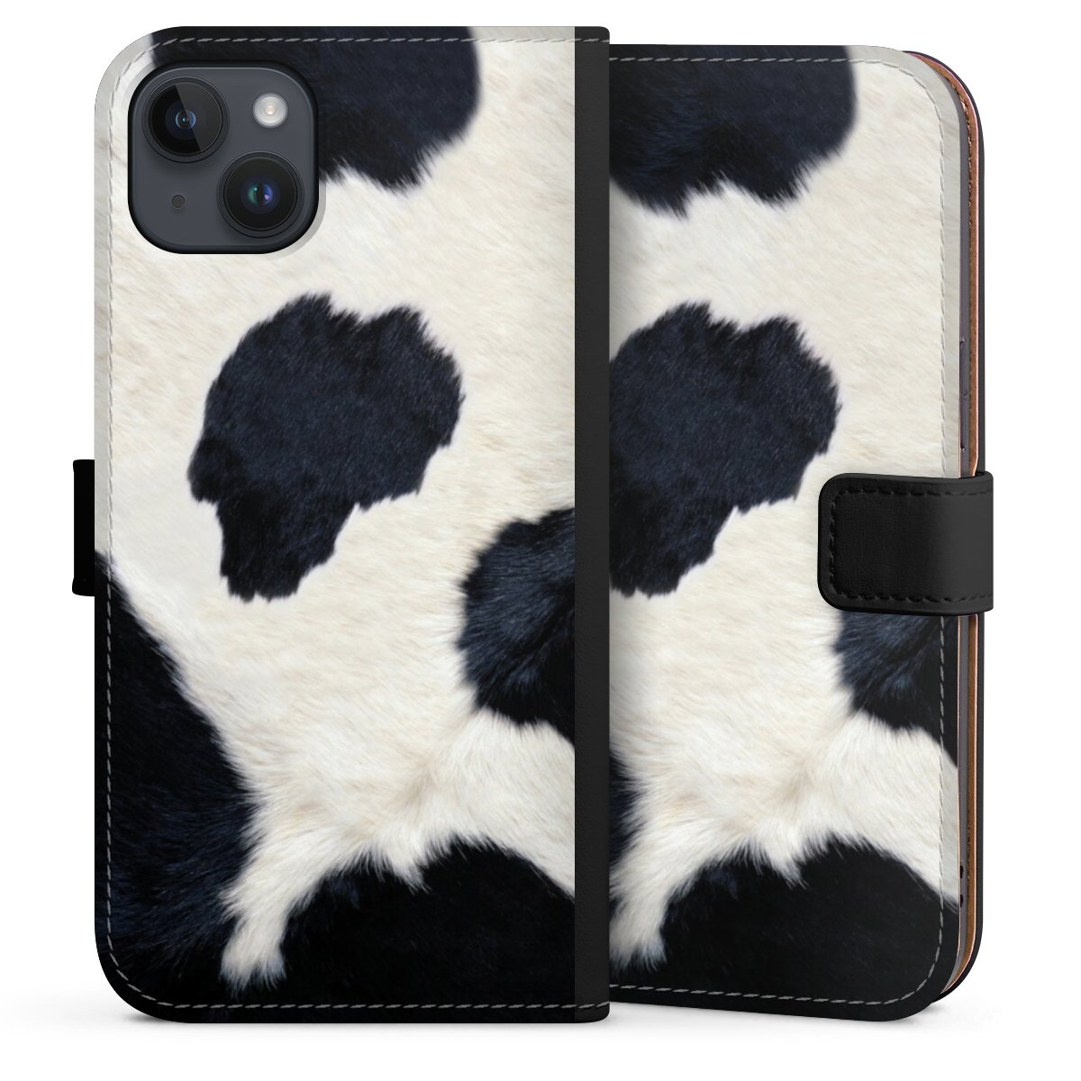 iPhone 14 Plus Handy Klapphülle Handyhülle aus Kunst Leder schwarz Flip Case Animal Look Animal Print Cow Skin Sideflip mit Lasche