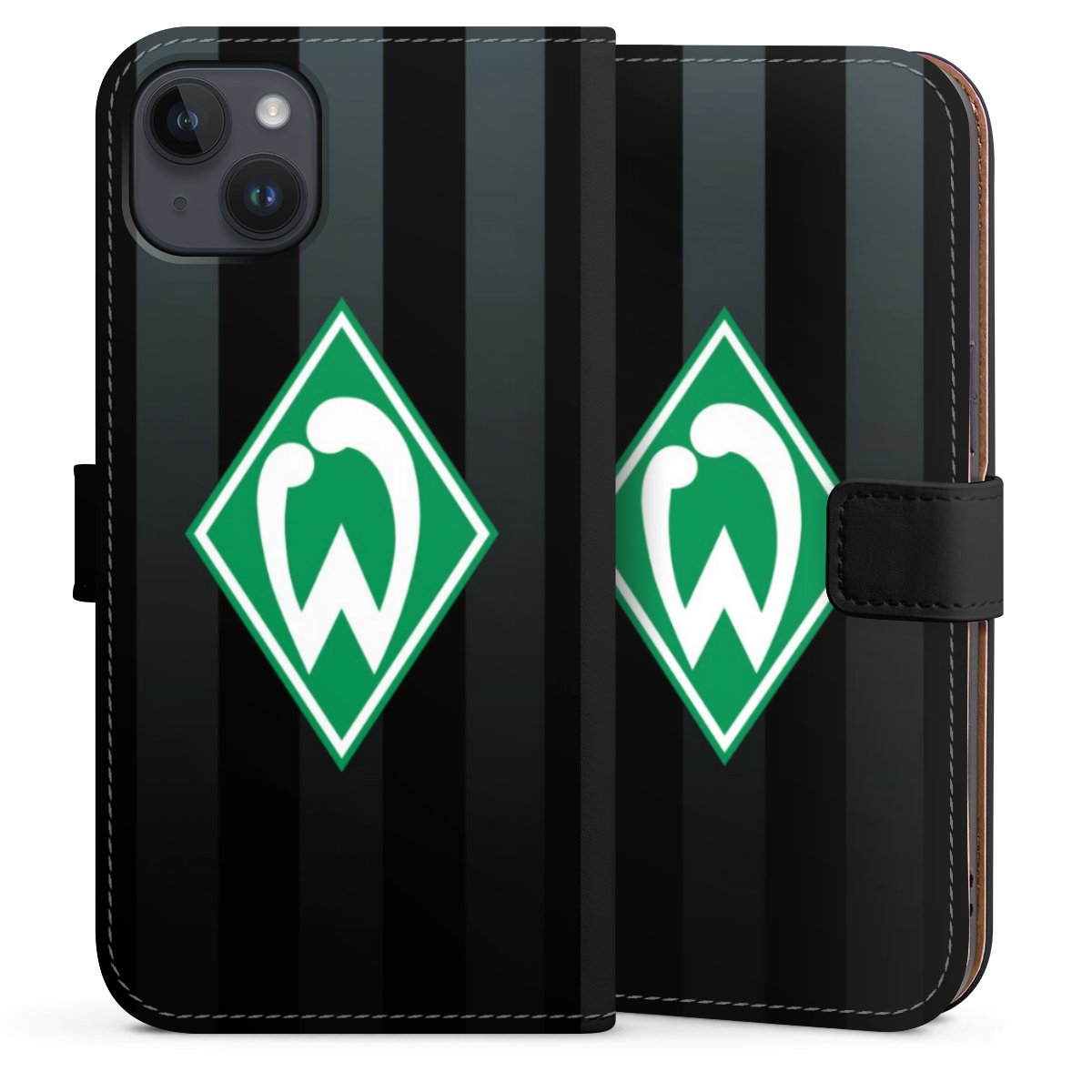 iPhone 14 Plus Handy Klapphülle Handyhülle aus Kunst Leder schwarz Flip Case Stripes Sv Werder Bremen Official Licensed Product Sideflip mit Lasche