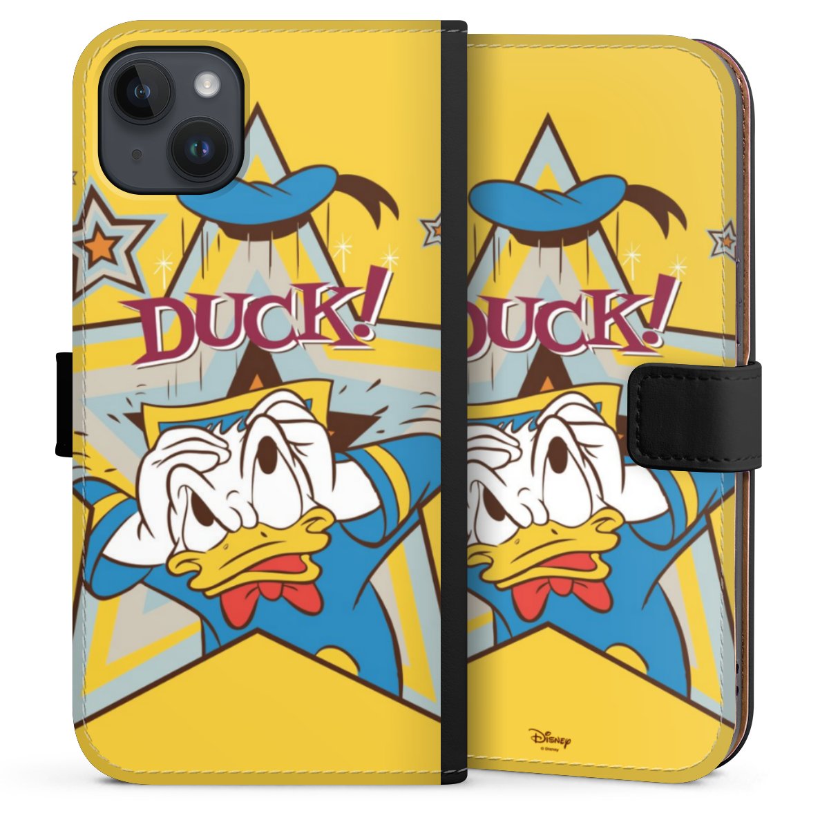 iPhone 14 Plus Handy Klapphülle Handyhülle aus Kunst Leder schwarz Flip Case Official Licensed Product Donald Duck Disney Sideflip mit Lasche