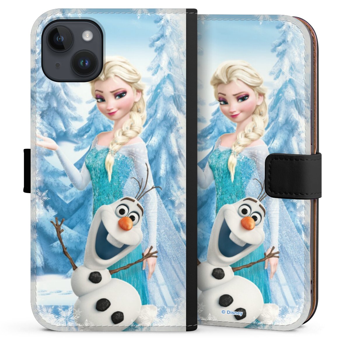 iPhone 14 Plus Handy Klapphülle Handyhülle aus Kunst Leder schwarz Flip Case Official Licensed Product Frozen Elsa Disney Sideflip mit Lasche