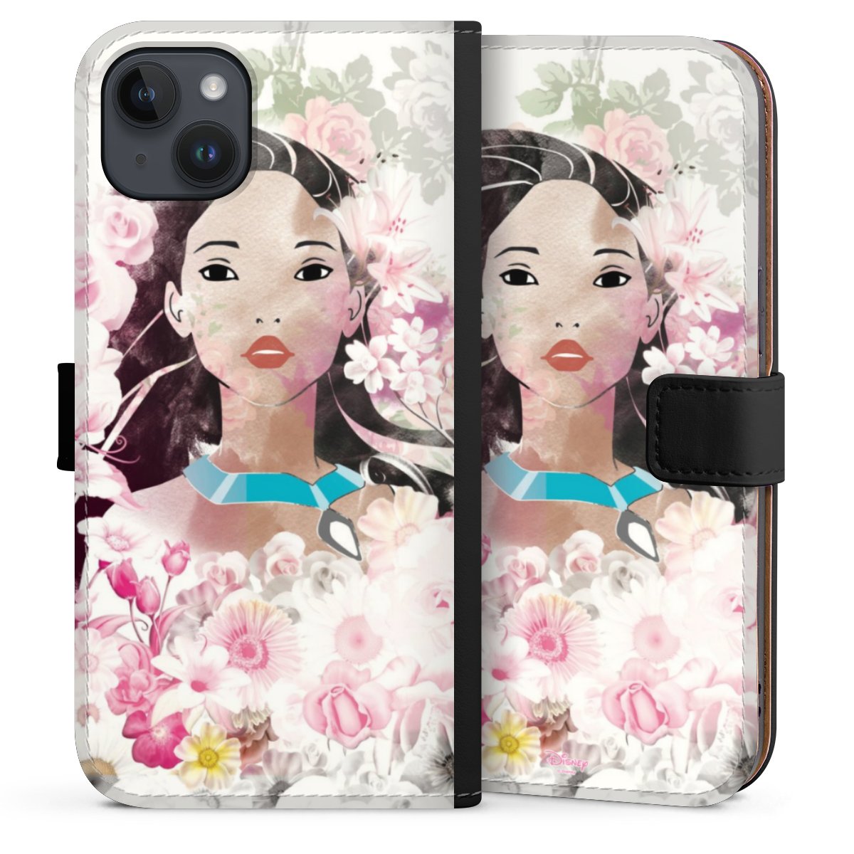 iPhone 14 Plus Handy Klapphülle Handyhülle aus Kunst Leder schwarz Flip Case Pocahontas Official Licensed Product Disney Sideflip mit Lasche