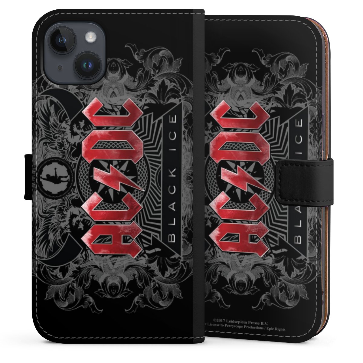 iPhone 14 Plus Handy Klapphülle Handyhülle aus Kunst Leder schwarz Flip Case Merchandise Black Ice Acdc Sideflip mit Lasche