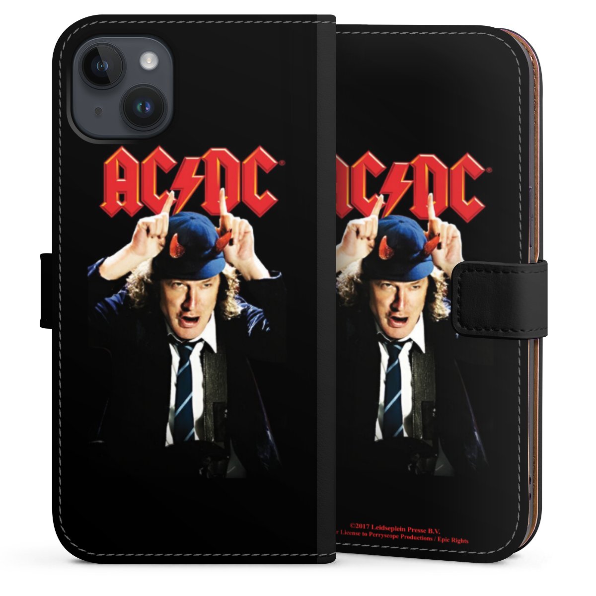 iPhone 14 Plus Handy Klapphülle Handyhülle aus Kunst Leder schwarz Flip Case Merchandise Acdc Riverplate Sideflip mit Lasche