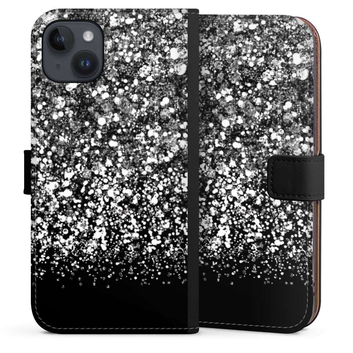 iPhone 14 Plus Handy Klapphülle Handyhülle aus Kunst Leder schwarz Flip Case Glitzer Snowflake Muster Sideflip mit Lasche