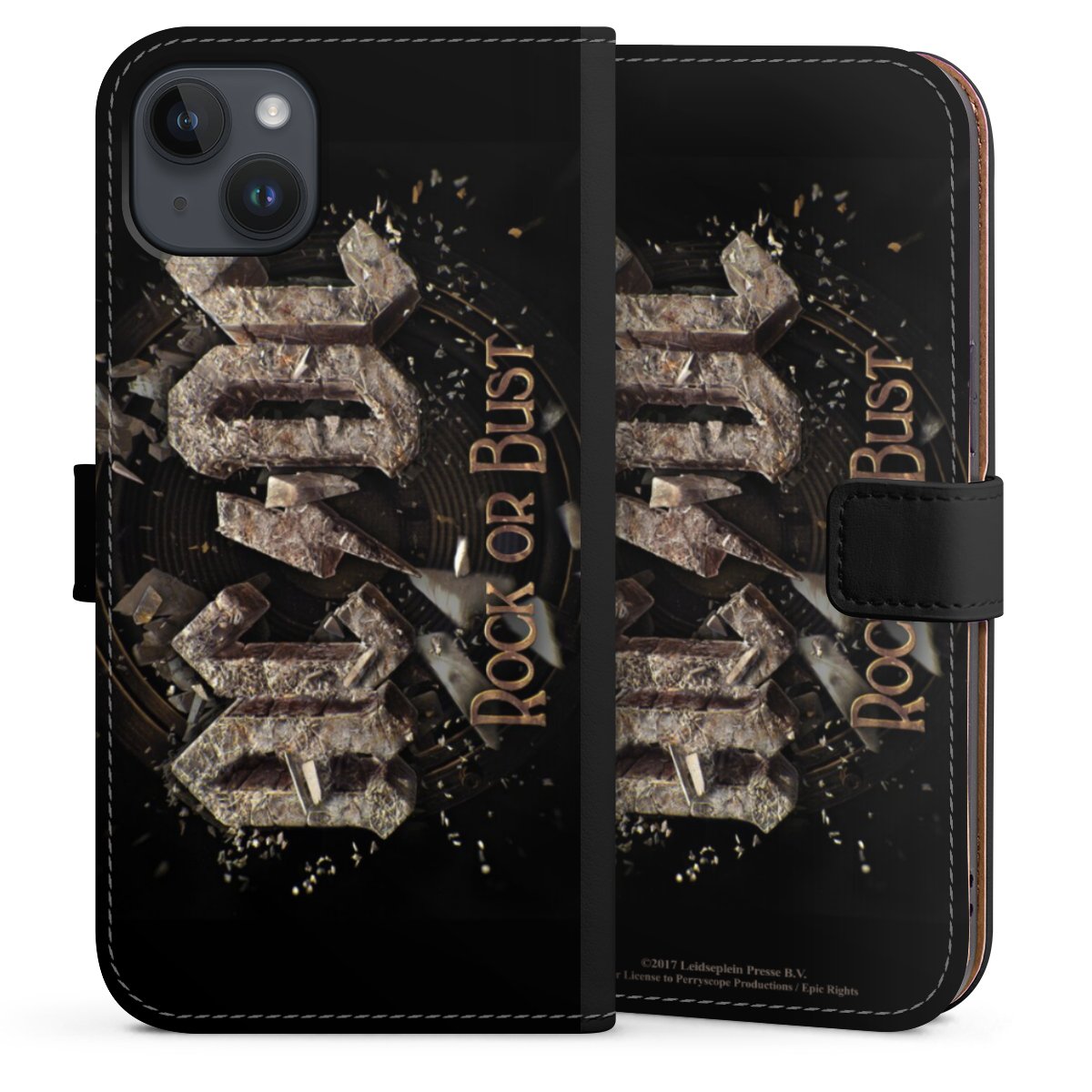 iPhone 14 Plus Handy Klapphülle Handyhülle aus Kunst Leder schwarz Flip Case Acdc Official Licensed Product Rock Or Bust Sideflip mit Lasche