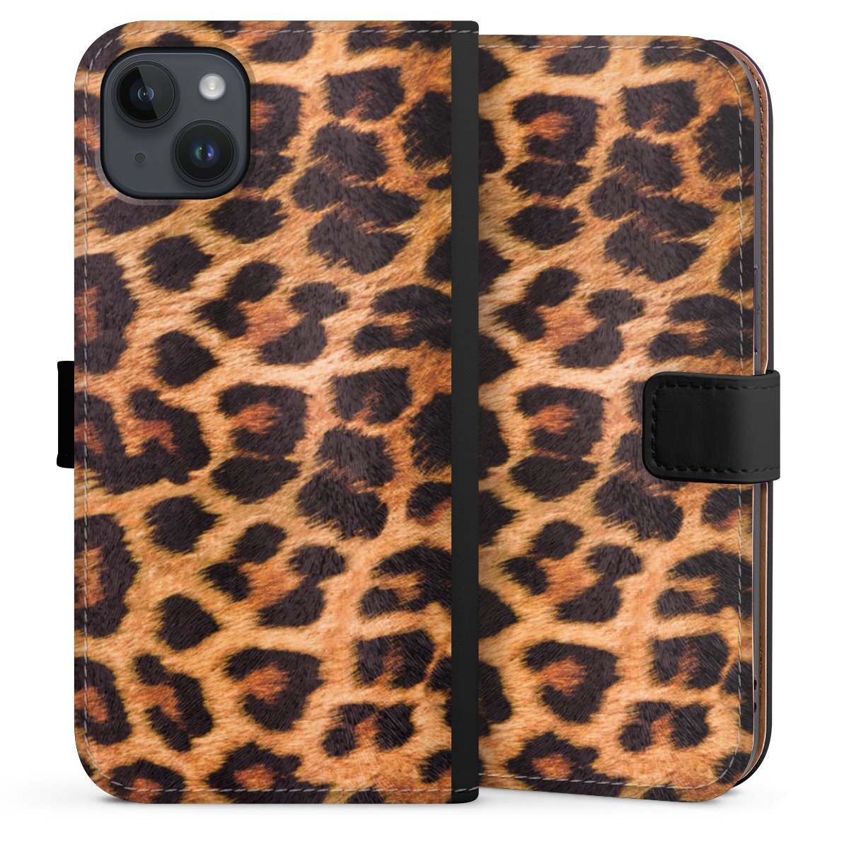 iPhone 14 Plus Handy Klapphülle Handyhülle aus Kunst Leder schwarz Flip Case Animal Print Leopard Fur Sideflip mit Lasche