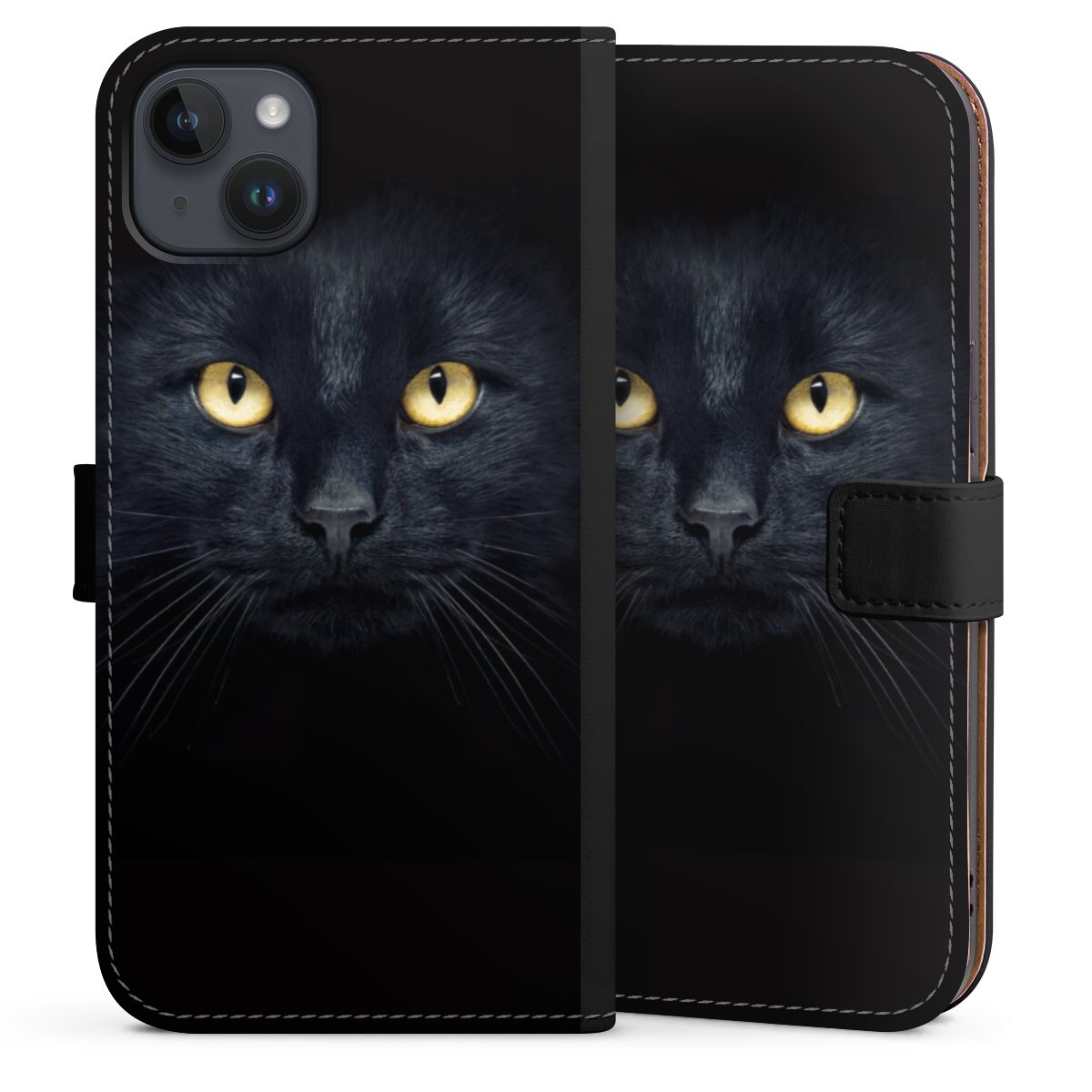 iPhone 14 Plus Handy Klapphülle Handyhülle aus Kunst Leder schwarz Flip Case Eye Cat Black Sideflip mit Lasche