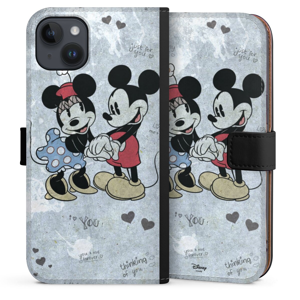 iPhone 14 Plus Handy Klapphülle Handyhülle aus Kunst Leder schwarz Flip Case Mickey & Minnie Mouse Vintage Disney Sideflip mit Lasche