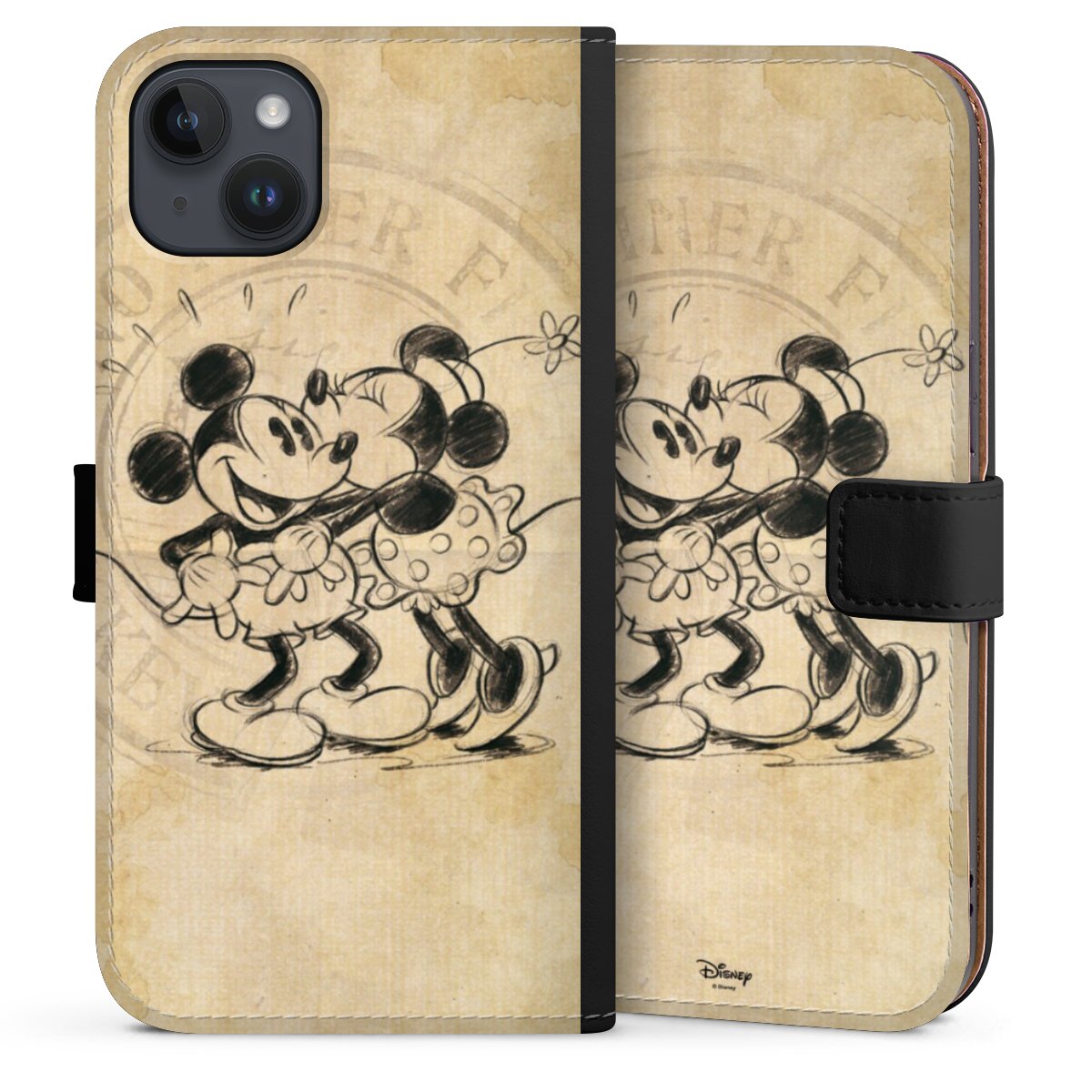 iPhone 14 Plus Handy Klapphülle Handyhülle aus Kunst Leder schwarz Flip Case Mickey Mouse Vintage Minnie Mouse Sideflip mit Lasche