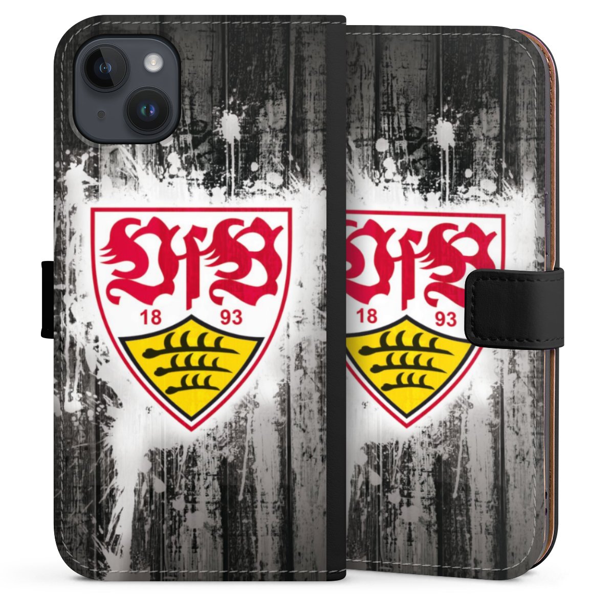 iPhone 14 Plus Handy Klapphülle Handyhülle aus Kunst Leder schwarz Flip Case Vfb Stuttgart Official Licensed Product Sideflip mit Lasche