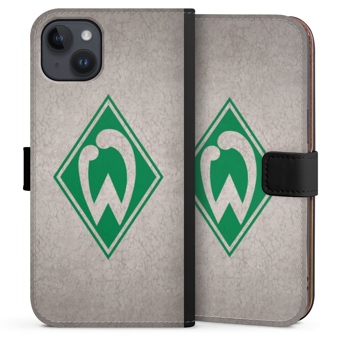 iPhone 14 Plus Handy Klapphülle Handyhülle aus Kunst Leder schwarz Flip Case Sv Werder Bremen Concrete Official Licensed Product Sideflip mit Lasche