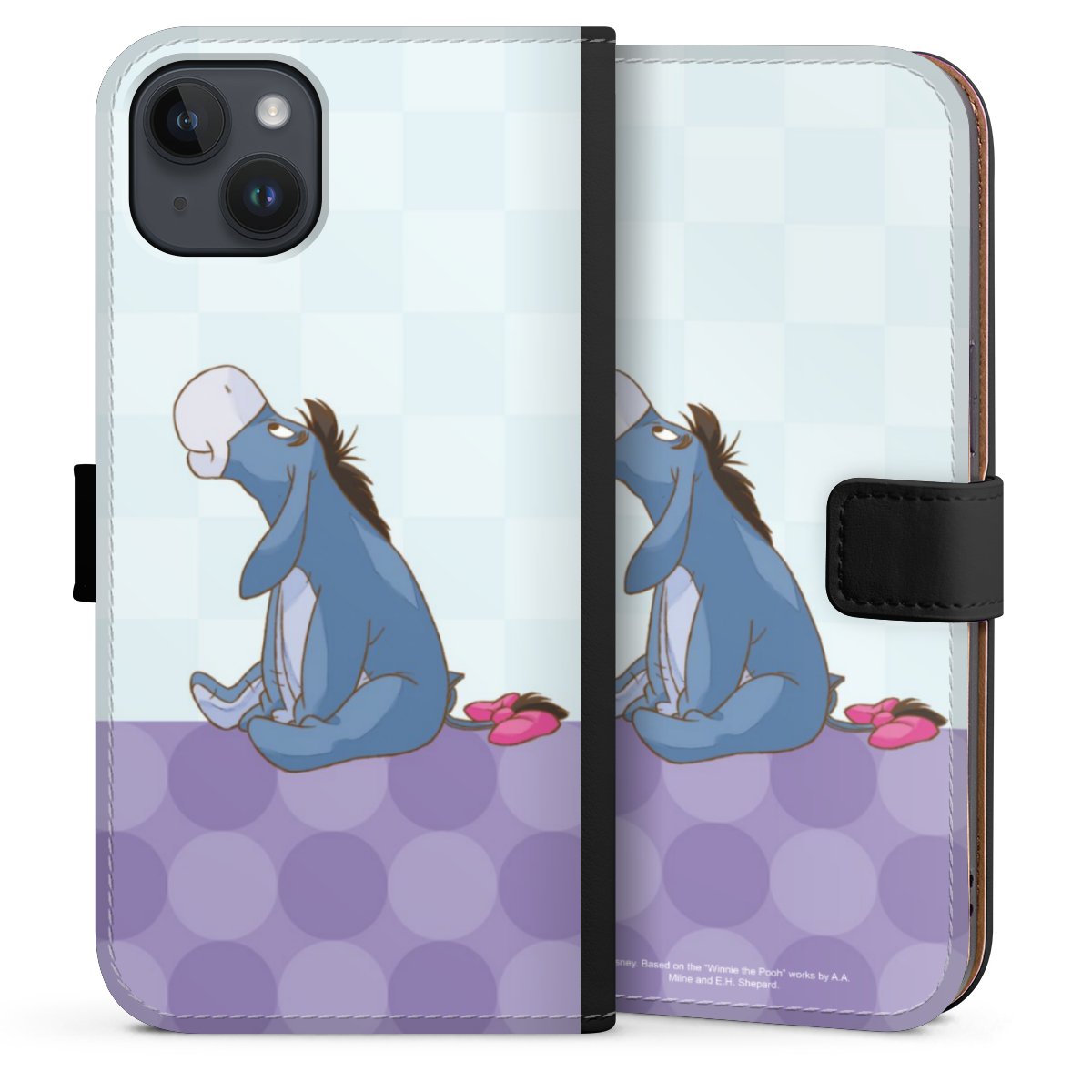 iPhone 14 Plus Handy Klapphülle Handyhülle aus Kunst Leder schwarz Flip Case Disney Donkey Winnie The Pooh Sideflip mit Lasche