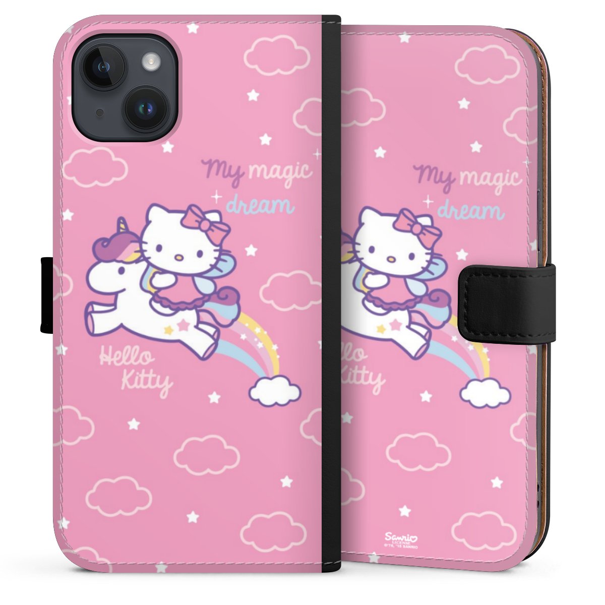 iPhone 14 Plus Handy Klapphülle Handyhülle aus Kunst Leder schwarz Flip Case Einhorn Official Licensed Product Hello Kitty Sideflip mit Lasche