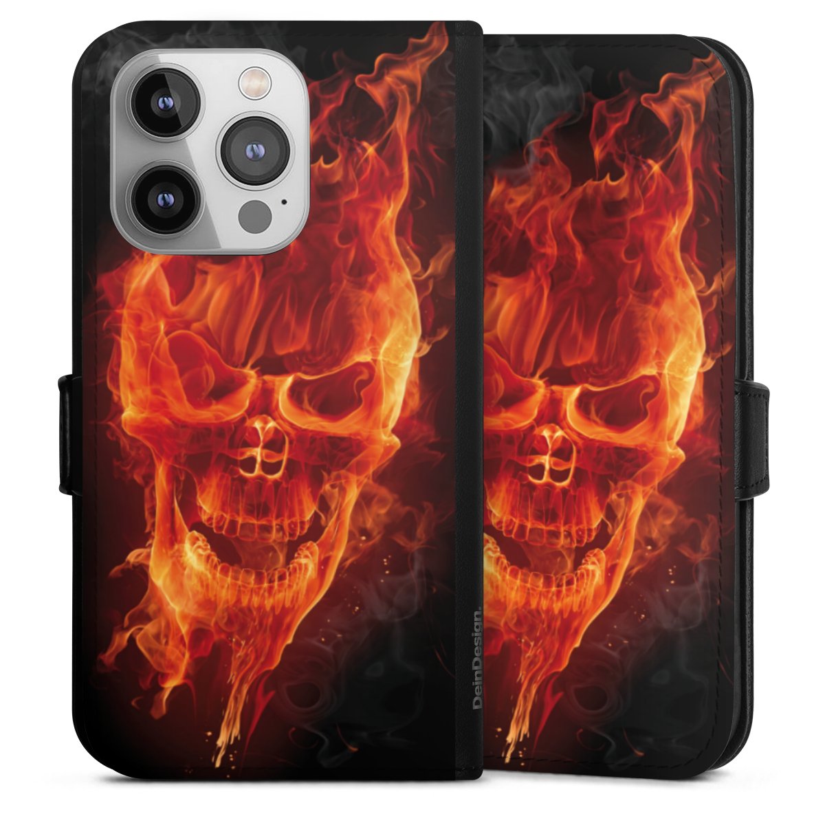 iPhone 14 Pro Handy Klapphülle Handyhülle aus Kunst Leder schwarz Flip Case Totenkopf Skull Fire Sideflip mit Lasche