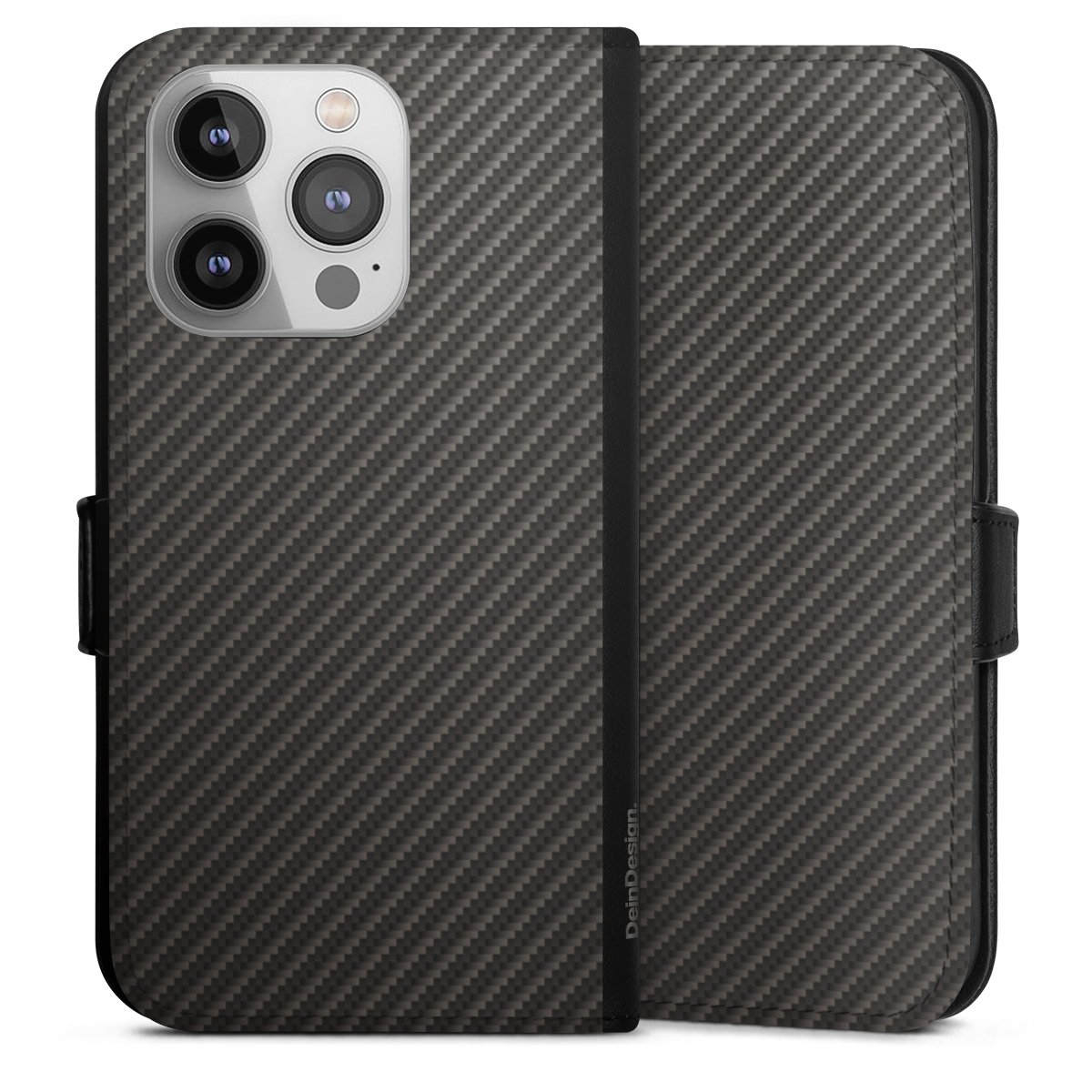 iPhone 14 Pro Handy Klapphülle Handyhülle aus Kunst Leder schwarz Flip Case Metallic Look Carbon Muster Sideflip mit Lasche