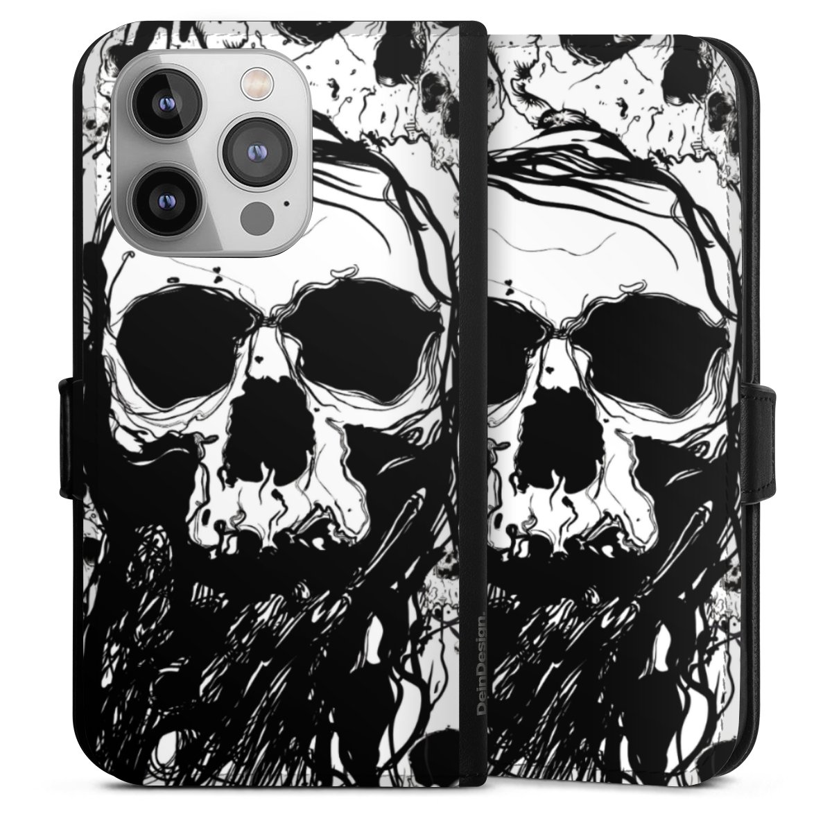 iPhone 14 Pro Handy Klapphülle Handyhülle aus Kunst Leder schwarz Flip Case Totenkopf Halloween Sideflip mit Lasche