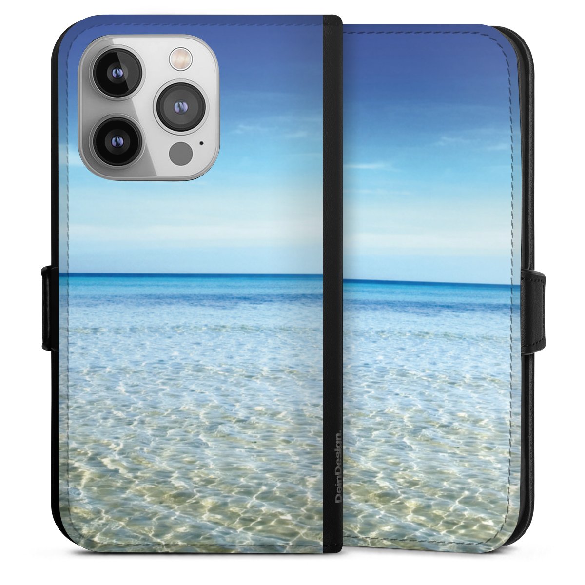 iPhone 14 Pro Handy Klapphülle Handyhülle aus Kunst Leder schwarz Flip Case Urlaub Sky Ocean Sideflip mit Lasche