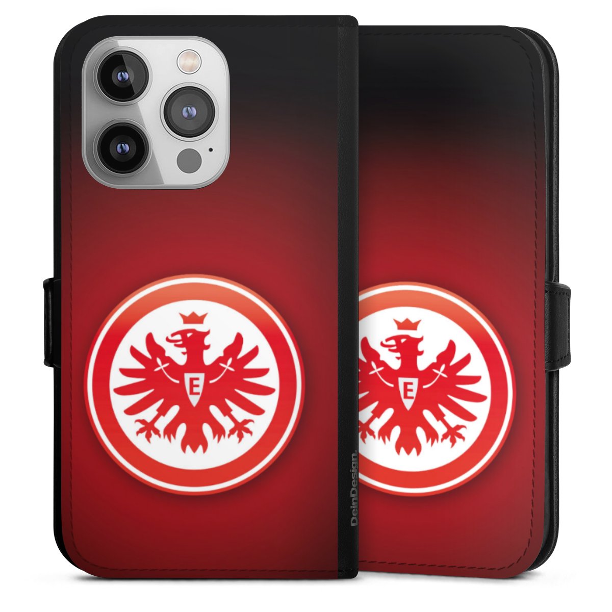 iPhone 14 Pro Handy Klapphülle Handyhülle aus Kunst Leder schwarz Flip Case Eintracht Frankfurt Official Licensed Product Coat Of Arms Sideflip mit Lasche