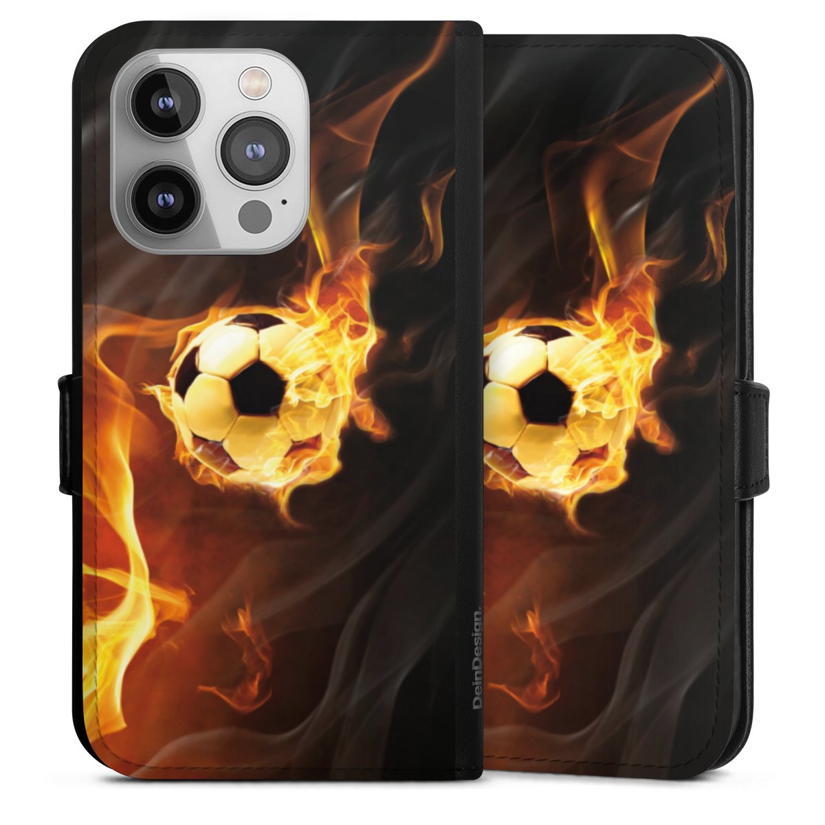 iPhone 14 Pro Handy Klapphülle Handyhülle aus Kunst Leder schwarz Flip Case Ball Fire Soccer Sideflip mit Lasche