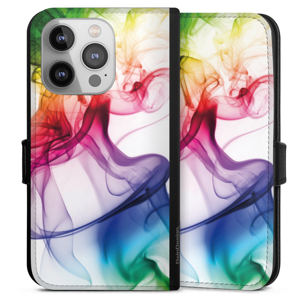 iPhone 14 Pro Handy Klapphülle Handyhülle aus Kunst Leder schwarz Flip Case Water Colour Rainbow Sideflip mit Lasche