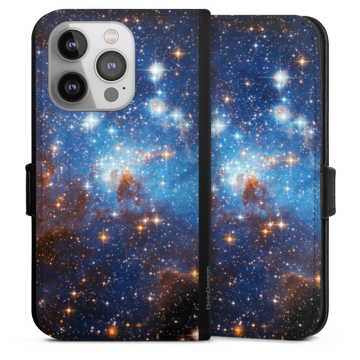 iPhone 14 Pro Handy Klapphülle Handyhülle aus Kunst Leder schwarz Flip Case Star Weltall Galaxy Sideflip mit Lasche