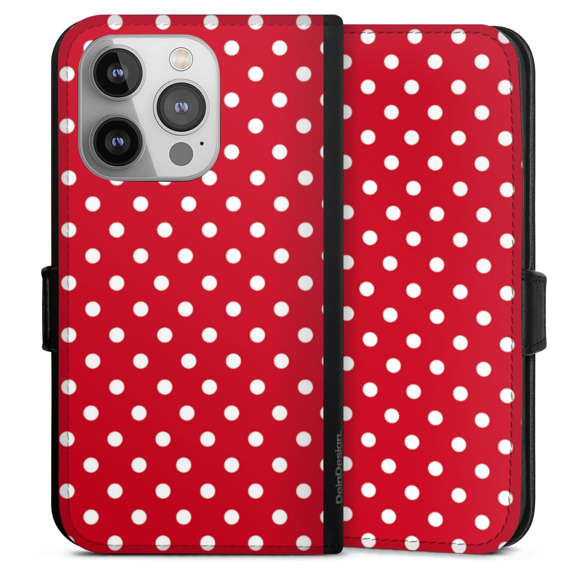 iPhone 14 Pro Handy Klapphülle Handyhülle aus Kunst Leder schwarz Flip Case Points Polka Dots Retro Sideflip mit Lasche