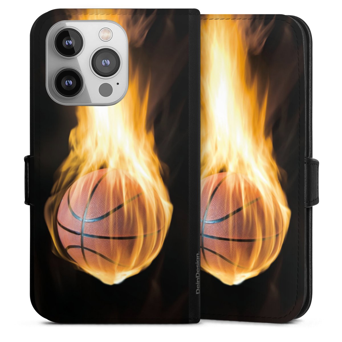 iPhone 14 Pro Handy Klapphülle Handyhülle aus Kunst Leder schwarz Flip Case Basketball Sports Fire Sideflip mit Lasche