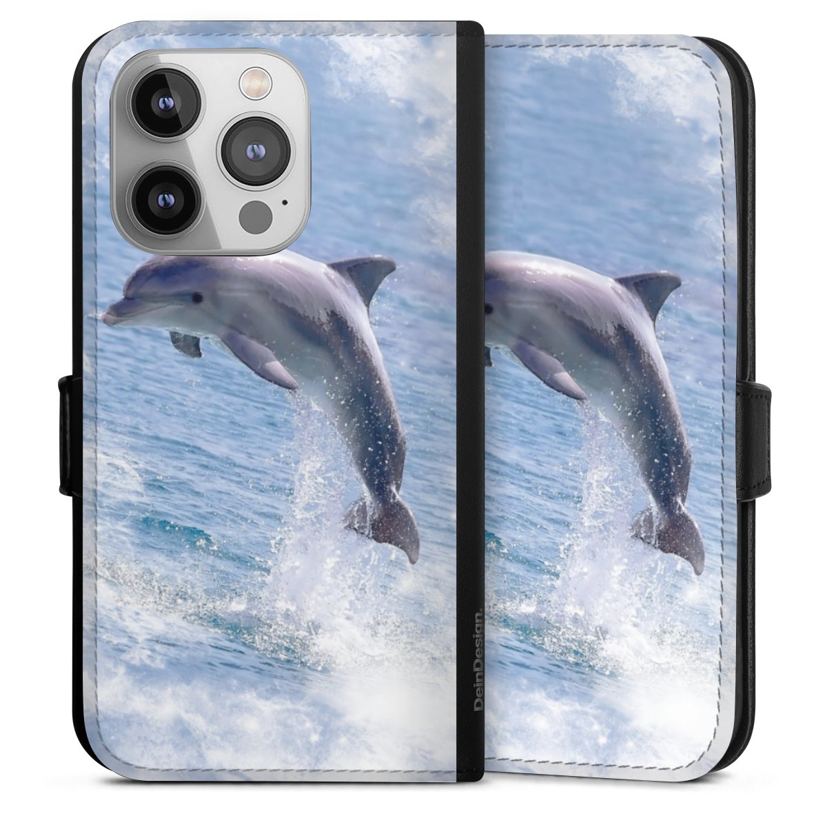 iPhone 14 Pro Handy Klapphülle Handyhülle aus Kunst Leder schwarz Flip Case Dolphin Ocean Wale Sideflip mit Lasche