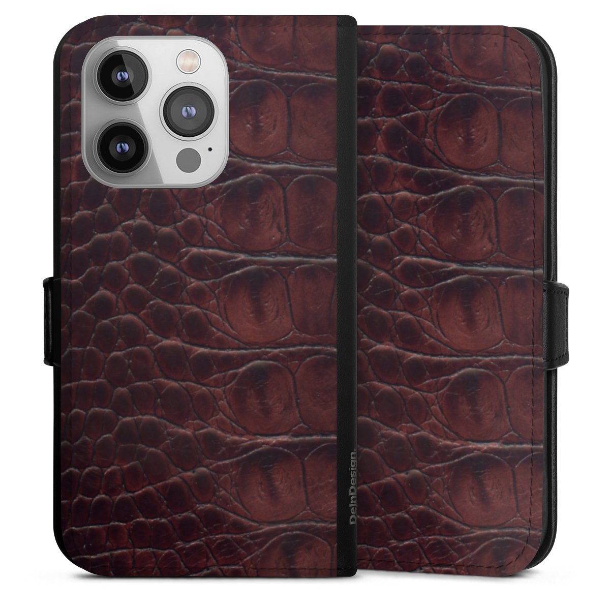 iPhone 14 Pro Handy Klapphülle Handyhülle aus Kunst Leder schwarz Flip Case Crocodile Animal Print Leather Sideflip mit Lasche