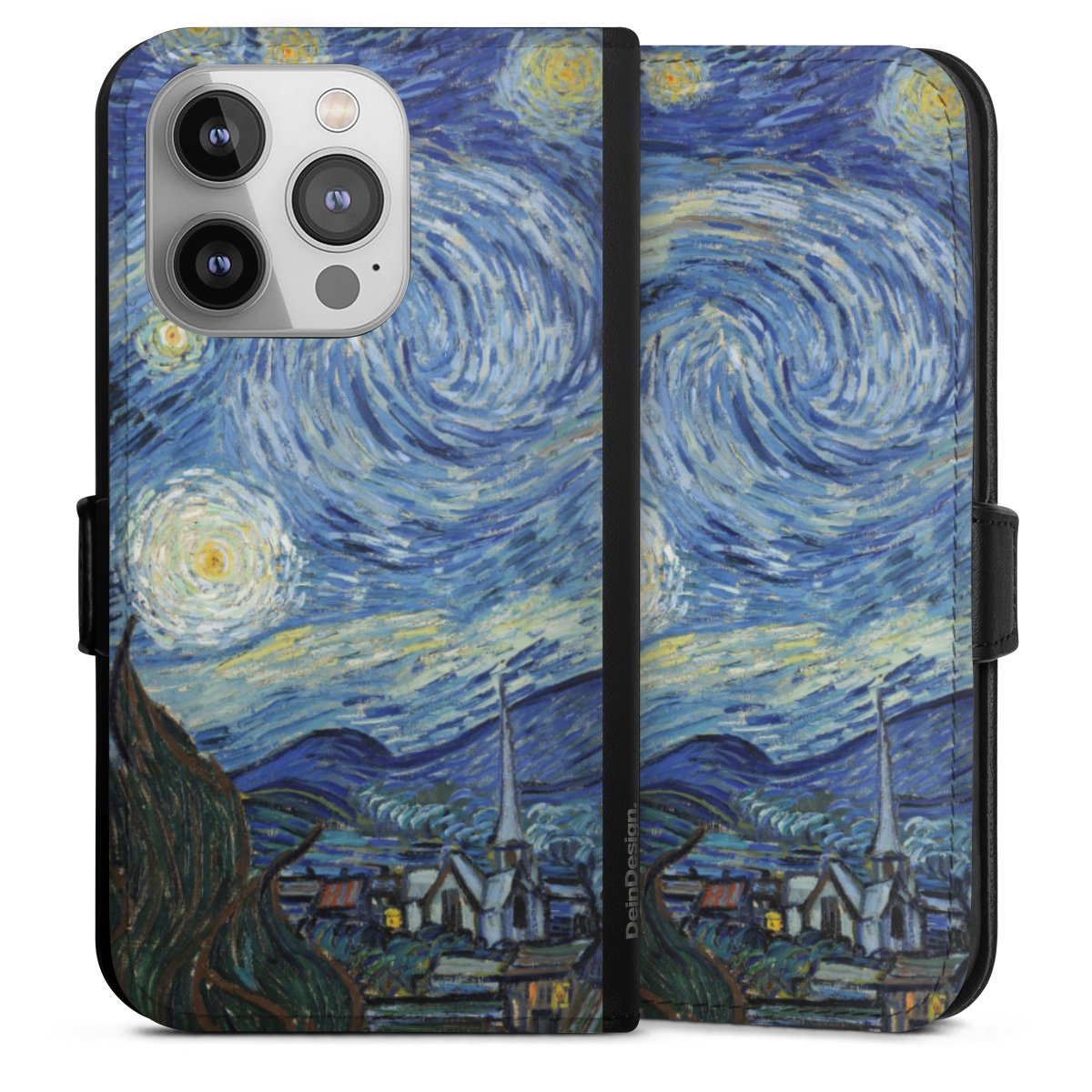 iPhone 14 Pro Handy Klapphülle Handyhülle aus Kunst Leder schwarz Flip Case The Starry Night Kunst Vincent Van Gogh Sideflip mit Lasche