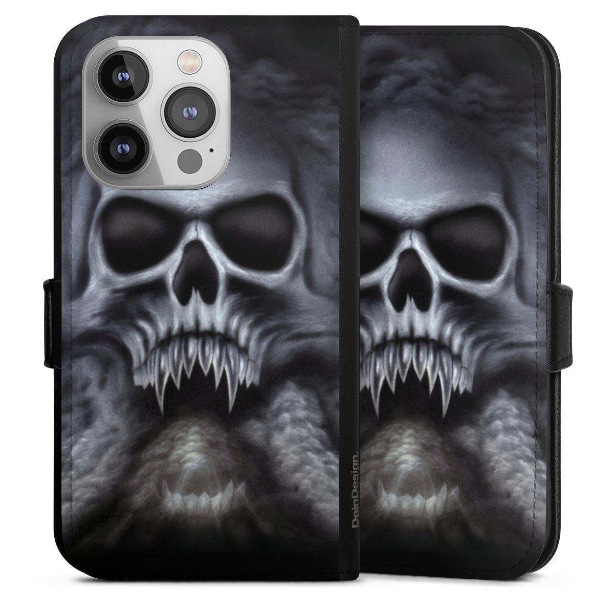 iPhone 14 Pro Handy Klapphülle Handyhülle aus Kunst Leder schwarz Flip Case Totenkopf Skull Sideflip mit Lasche