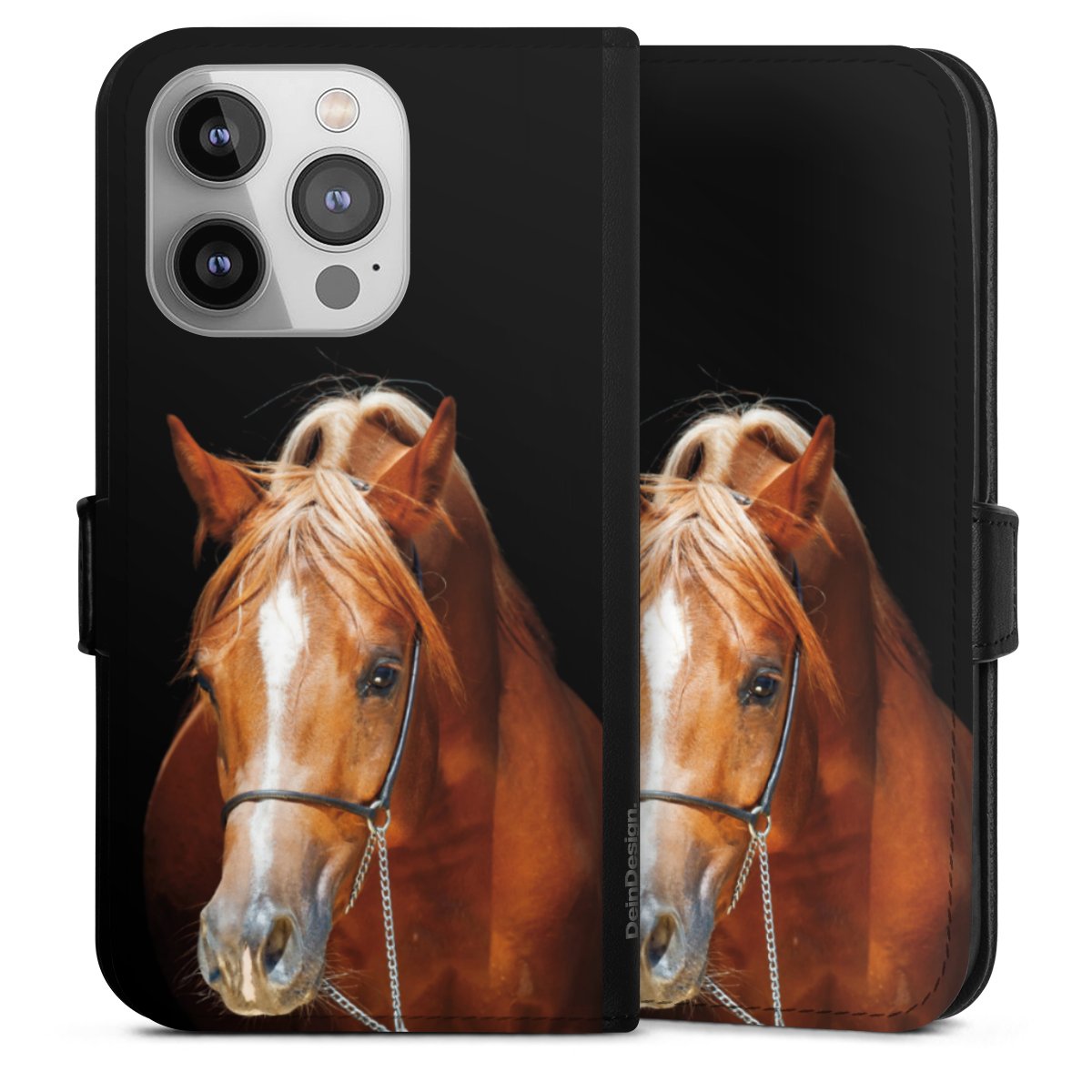 iPhone 14 Pro Handy Klapphülle Handyhülle aus Kunst Leder schwarz Flip Case Mare Horse Hobby Sideflip mit Lasche