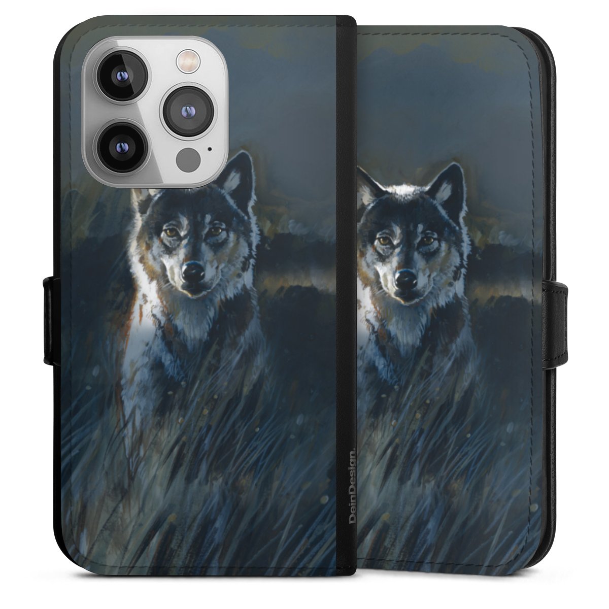 iPhone 14 Pro Handy Klapphülle Handyhülle aus Kunst Leder schwarz Flip Case Nature Wolf Painting Sideflip mit Lasche