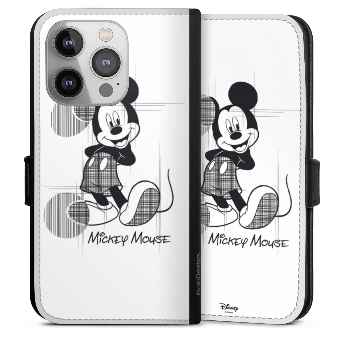 iPhone 14 Pro Handy Klapphülle Handyhülle aus Kunst Leder schwarz Flip Case Disney Official Licensed Product Mickey Mouse Sideflip mit Lasche