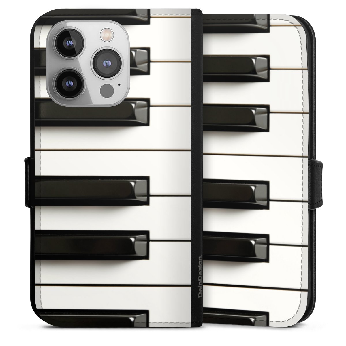 iPhone 14 Pro Handy Klapphülle Handyhülle aus Kunst Leder schwarz Flip Case Klavier Piano Music Sideflip mit Lasche