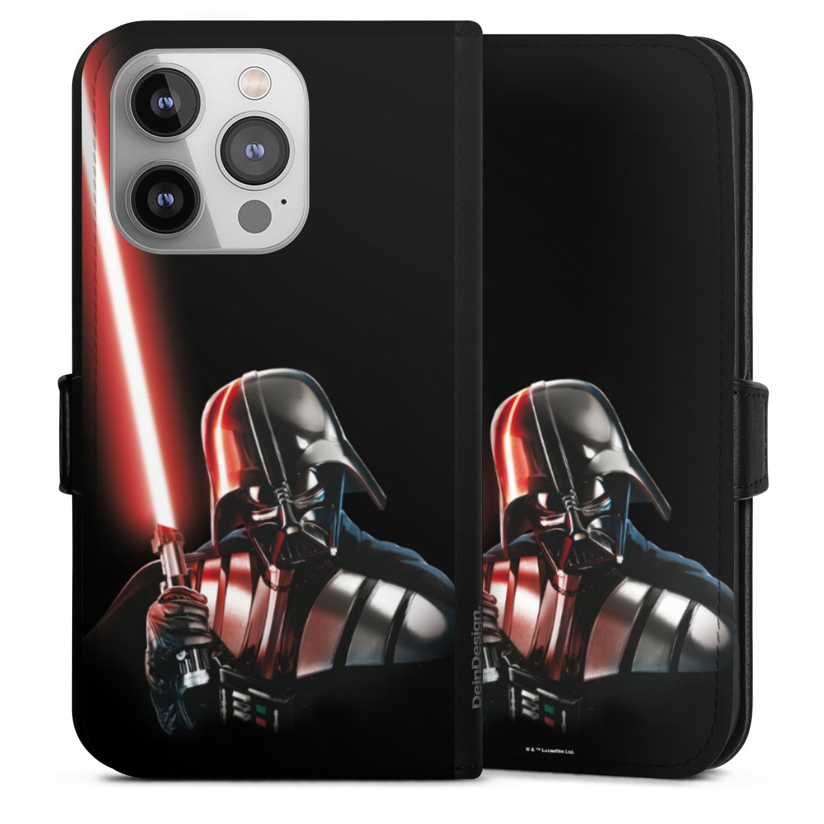 iPhone 14 Pro Handy Klapphülle Handyhülle aus Kunst Leder schwarz Flip Case Star Wars Merchandise Darth Vader Sideflip mit Lasche