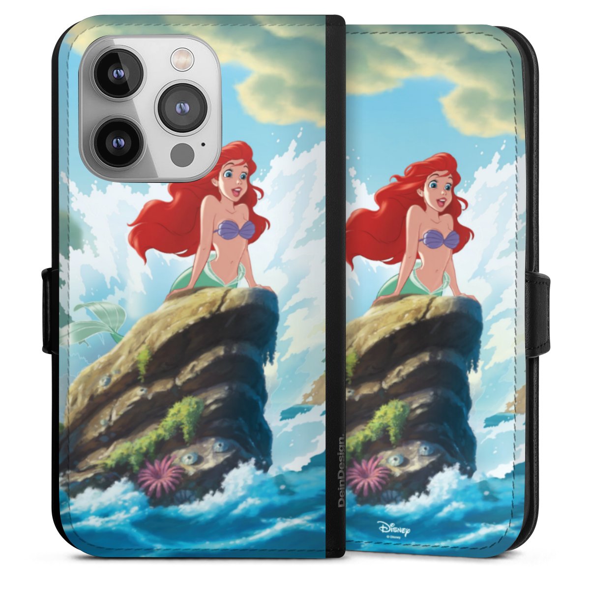 iPhone 14 Pro Handy Klapphülle Handyhülle aus Kunst Leder schwarz Flip Case Mermaid Arielle Die Meerjungfrau Official Licensed Product Sideflip mit Lasche