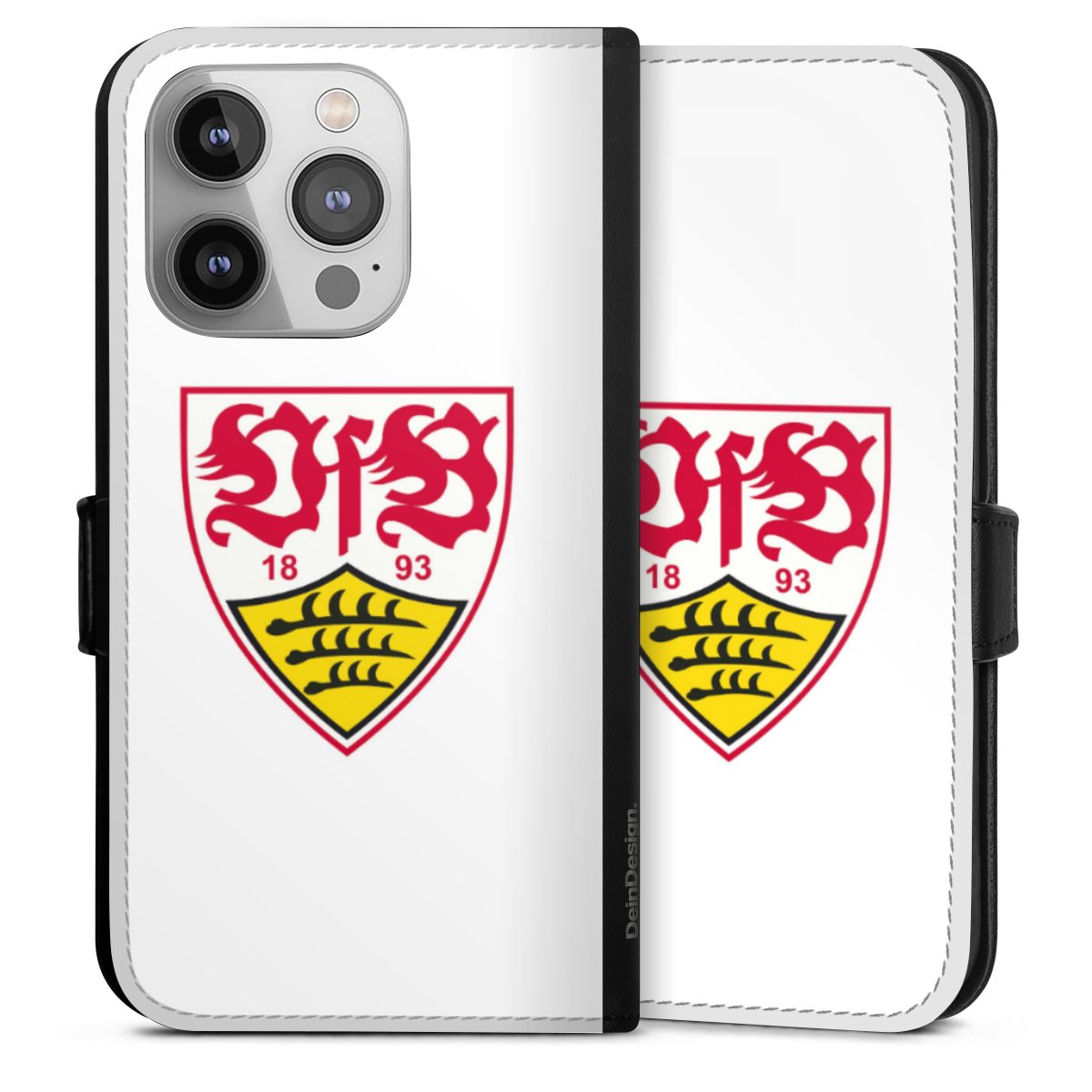 iPhone 14 Pro Handy Klapphülle Handyhülle aus Kunst Leder schwarz Flip Case Logo Official Licensed Product Vfb Stuttgart Sideflip mit Lasche