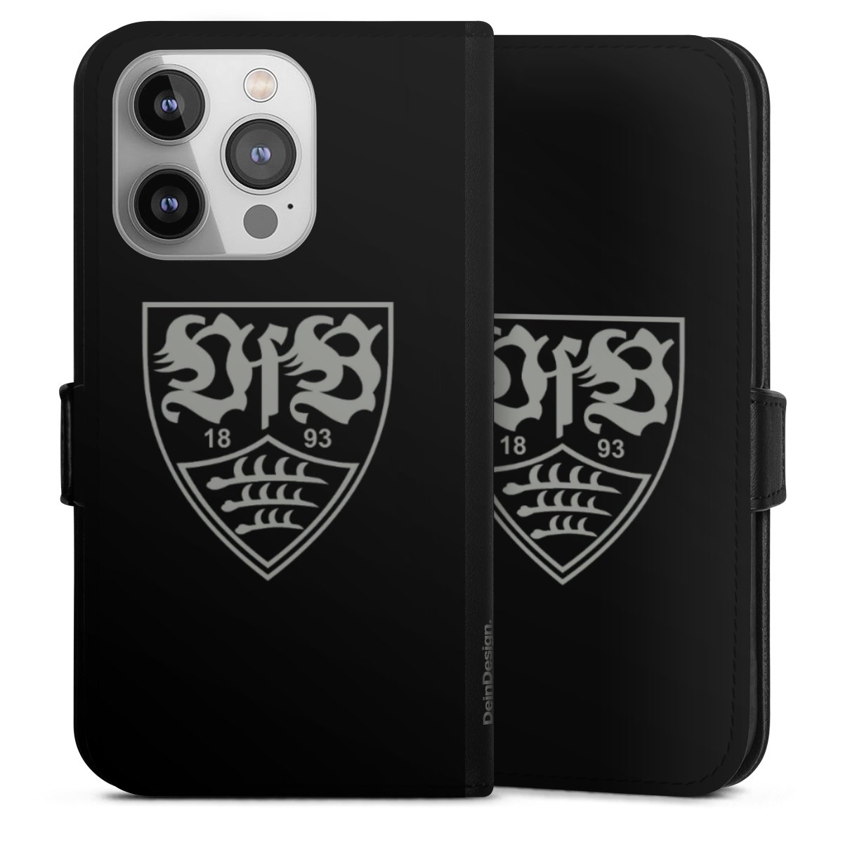 iPhone 14 Pro Handy Klapphülle Handyhülle aus Kunst Leder schwarz Flip Case Official Licensed Product Vfb Stuttgart Sideflip mit Lasche