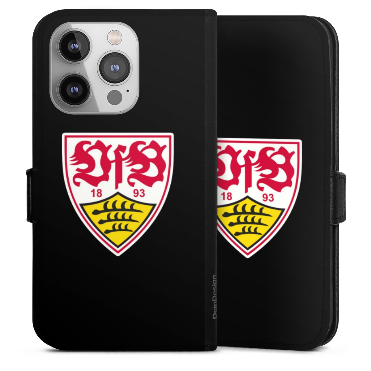 iPhone 14 Pro Handy Klapphülle Handyhülle aus Kunst Leder schwarz Flip Case Vfb Stuttgart Official Licensed Product Coat Of Arms Sideflip mit Lasche