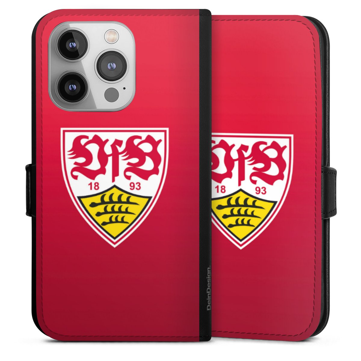 iPhone 14 Pro Handy Klapphülle Handyhülle aus Kunst Leder schwarz Flip Case Official Licensed Product Vfb Stuttgart Sideflip mit Lasche