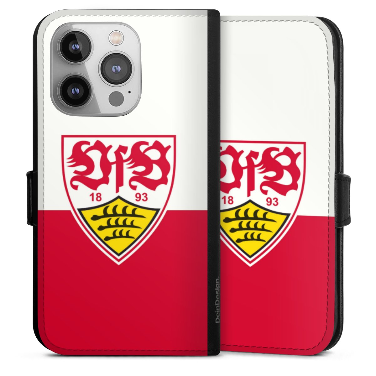 iPhone 14 Pro Handy Klapphülle Handyhülle aus Kunst Leder schwarz Flip Case Official Licensed Product Logo Vfb Stuttgart Sideflip mit Lasche