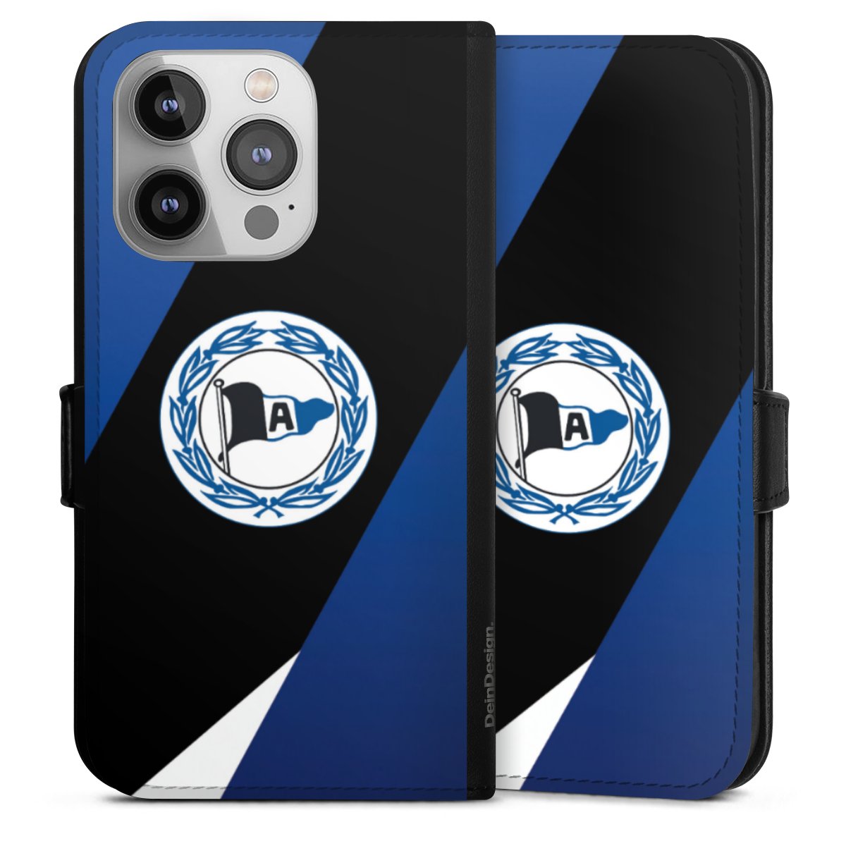 iPhone 14 Pro Handy Klapphülle Handyhülle aus Kunst Leder schwarz Flip Case Official Licensed Product Arminia Bielefeld Dsc Sideflip mit Lasche