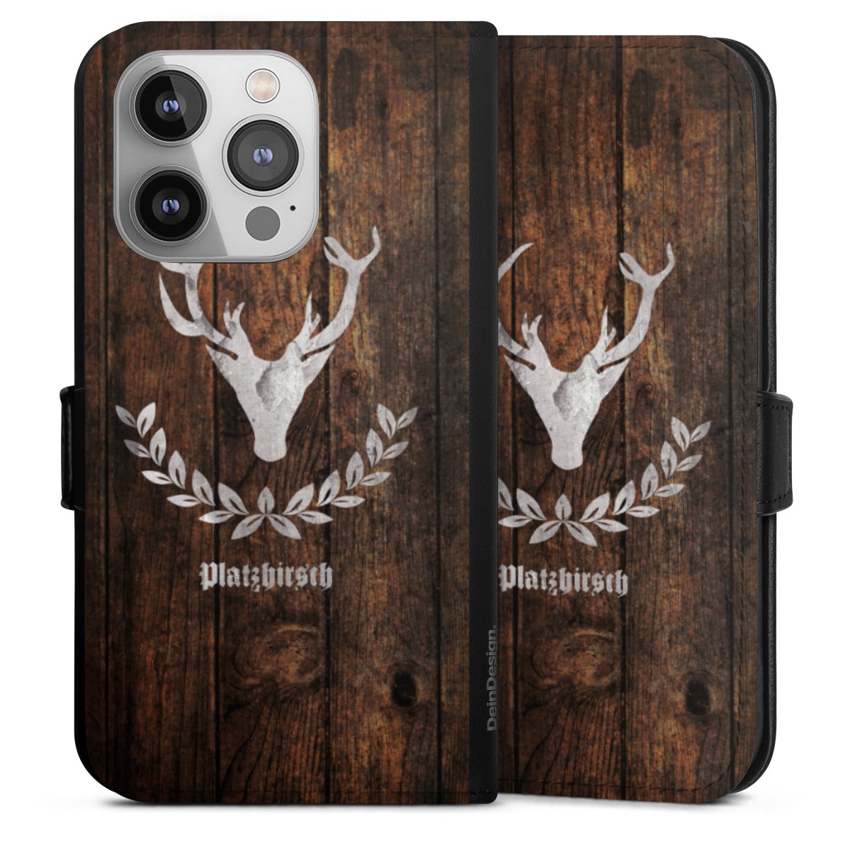 iPhone 14 Pro Handy Klapphülle Handyhülle aus Kunst Leder schwarz Flip Case Deer Wood Wooden Look Sideflip mit Lasche