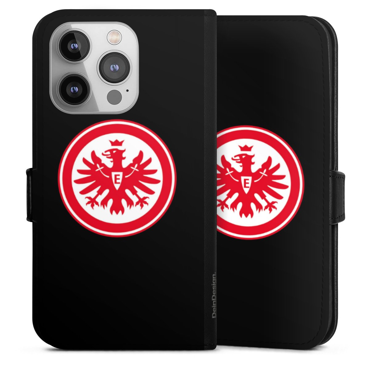 iPhone 14 Pro Handy Klapphülle Handyhülle aus Kunst Leder schwarz Flip Case Eintracht Frankfurt Sge Eagle Sideflip mit Lasche